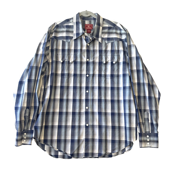 Lucky Brand Mens XL Western Pearl Snap Plaid Cowboy Shirt Blue W/Silver Thread - Picture 1 of 10